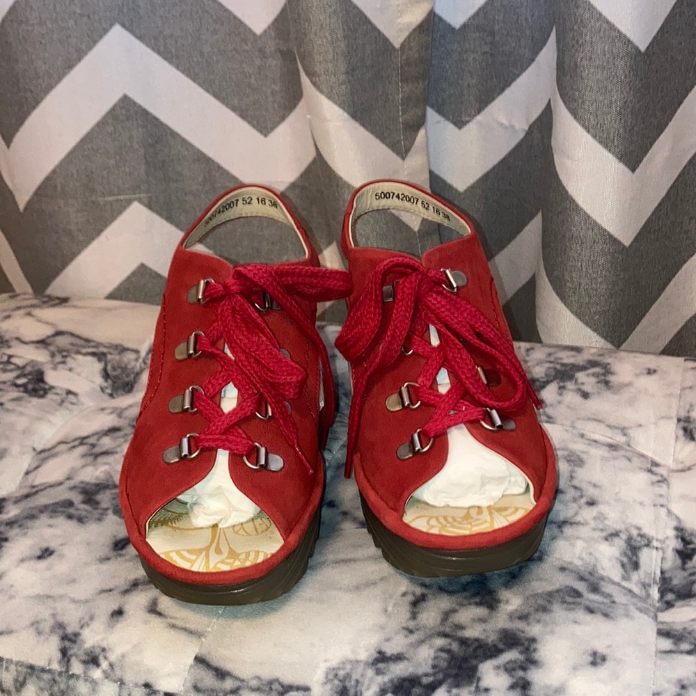 Fly London Scarlet Red Leather Lace up Wedge Sandals Womens Size 8 EU38